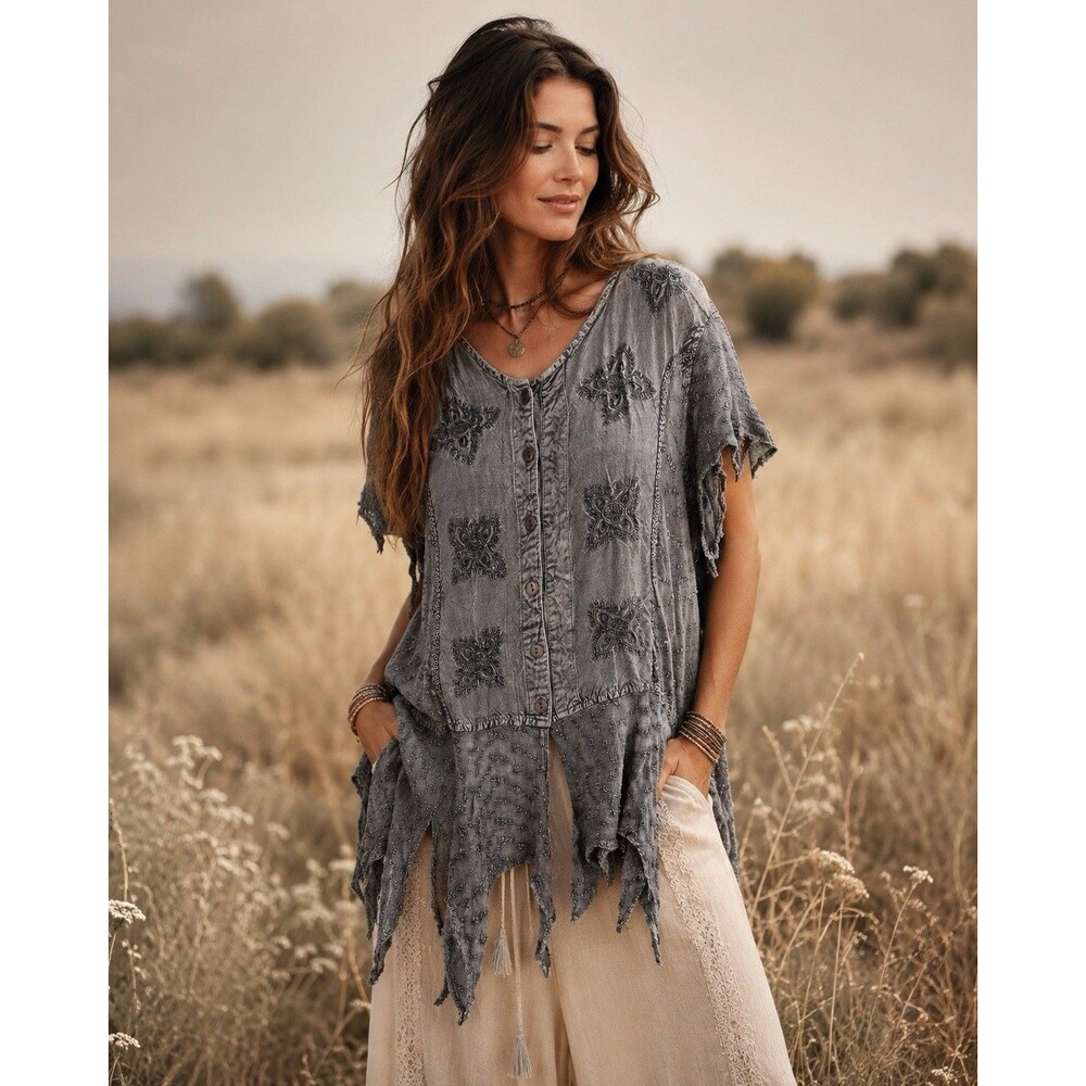 Boho Embroidered Handkerchief Hem Tunic Top Gray Artsy Festival Cottagecore